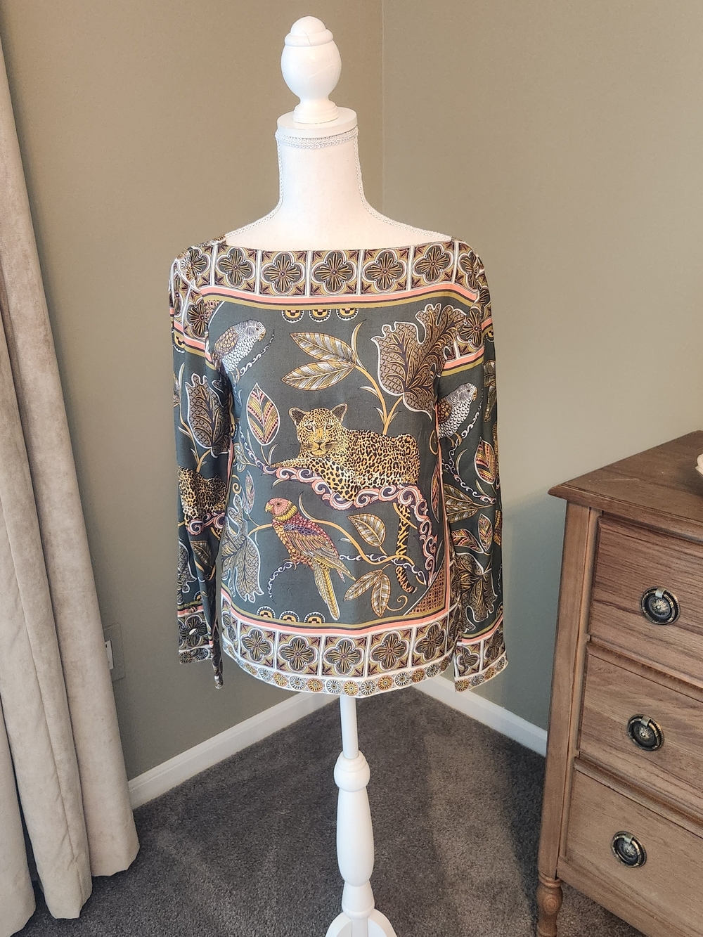 J. Crew Olive Gray Botanical & Animal Print Long-Sleeve Blouse